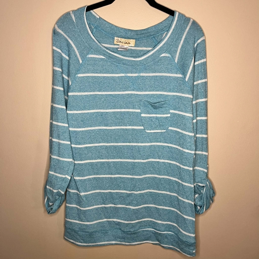 Davina Y2K Super Soft Teal And White Long Sleeve Blouse With Roll Up Sleeves.